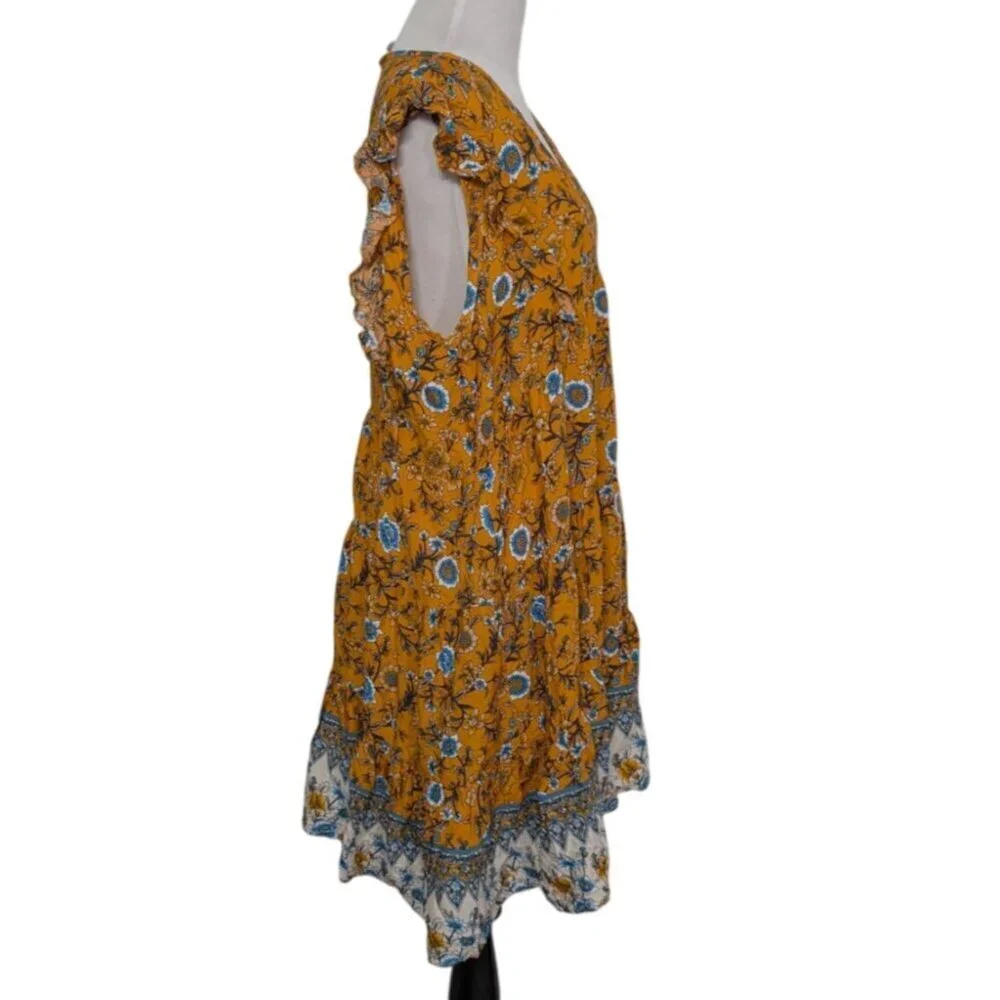 Umgee Floral Dress Womens Size Large Yellow Flutter Sleeve Contrast Hem Pullover - Picture 4 of 10